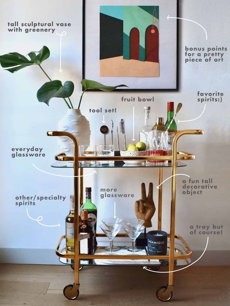 The NO-FAIL, EHD Approved Bar Cart Styling Formula... Just In Time For The Weekend - Emily Henderson Creative Bar Cart Ideas, Modern Bar Cart Ideas, Bartesian Cocktail Maker Bar Cart, Bar Trolley Ideas, Ikea Bar Cart, Bar Cart Inspiration, Bar Cart Inspo, Perfect Bar Cart, Retro Bar Cart