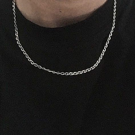 Chain Aesthetic Men, Stuart Aesthetic, Black Shirt Outfit Men, Mens Silver Chain, Shirt With Chains, Black Shirt Outfits, Mens Silver Chain Necklace, Chains Aesthetic, Ring Necklace Men