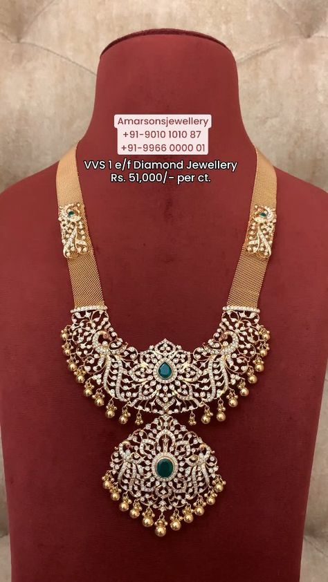 Gold Diamond Long Necklace From 'Amarsons Jewellery' • South India Jewels Diamond Long Haram, Amarsons Jewellery, Diamond Long Necklace, Indian Antique Jewellery, Royal Necklace, Bridal Necklace Designs, Long Haram, Diamond Choker Necklace, Diamond Wedding Jewelry