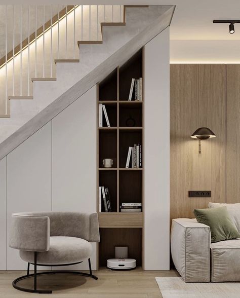 Sitting Room With Stairs, Modern Under Stairs Ideas, Bajo Escaleras Ideas, Under Staircase Design, Under Staircase Storage, Under Staircase Ideas, Living Room Under Stairs, Staircase In Living Room, Cabinet Under Stairs