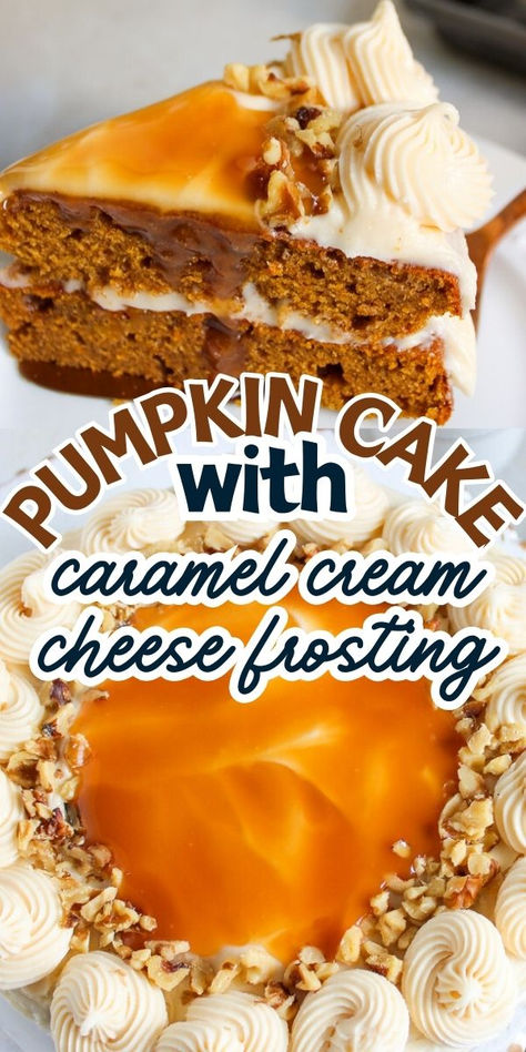 This stunning, moist Pumpkin Cake With Salted Caramel Cream Cheese Frosting recipe combines comforting fall pumpkin flavors with sweet and salty notes. The caramel sauce pairs perfectly with the indulgent sweetness of the cake and frosting making each bite irresistible! Layered Pumpkin Cake, Moist Pumpkin Cake, Caramel Cream Cheese Frosting, Pumpkin Cake Recipe, Salted Carmel, Cream Cheese Bars, Pumpkin Cake Recipes, Caramel Cream, Caramel Creams