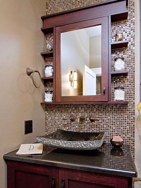 Earthy Bathroom, Farmhouse Backsplash, Mosaic Tile Backsplash, Storage Inspiration, Powder Room Design, Transitional Bathroom, Small Bath, Modern Baths, Transitional Living Rooms