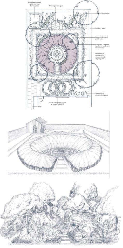 Medium garden example 1 by Mary Reynolds Mary Reynolds Garden, Mary Reynolds, Herb Spiral, Garden Drawing, Garden Plans, Architecture Drawing Art, The Shire, Outdoor Art, Kitchen Garden