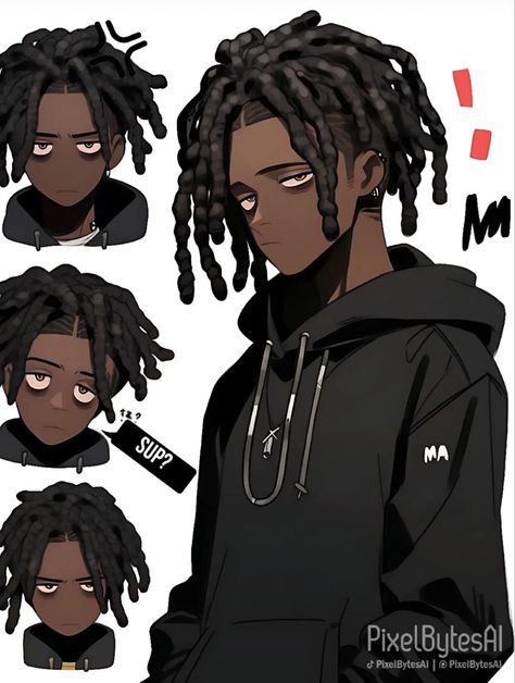 Black Dreads Drawing, Dread Character Design, Dreads Men Drawing, Hair Dreads Drawing, Locks Drawing Reference, Dreads Sketch Male, Dreads Character Design, Black Oc Design, Black Guy Hairstyles Drawing