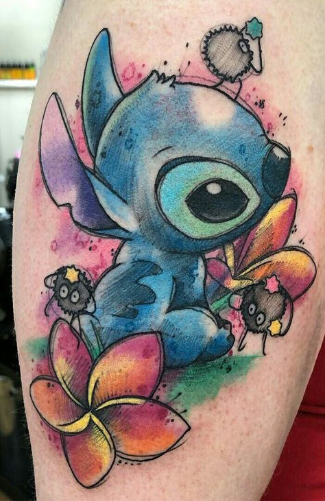 Stitch♡ & Soot Sprites, By: Ashlea Dyson. Tattoos Disney, Disney Stitch Tattoo, Lilo And Stitch Tattoo, Disney Inspired Tattoos, Watercolor Tattoo Artists, Tattoo Journal, Ohana Tattoo, Disney Sleeve Tattoos, Balloon Tattoo