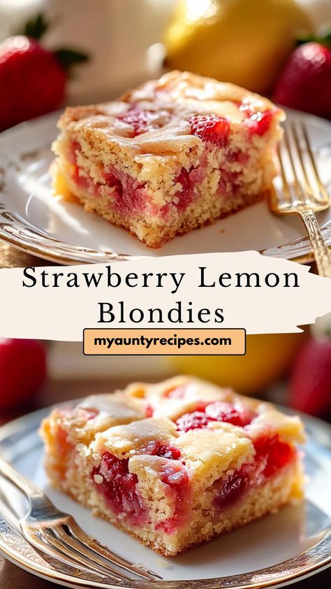 Enjoy the zesty flavors of strawberry and lemon in these delicious blondies! Perfectly chewy with fresh strawberry bites and a touch of lemon zest, these blondies bring a refreshing twist to classic dessert bars, making them ideal for warm weather days. Strawberry Lemon Bars, Strawberry Lemon Blondies, Lemon Blondies, Lemon Desserts Easy, Strawberry Bites, Cake Bars Recipe, Strawberry Bars, Blondies Recipe, Strawberry Cookies