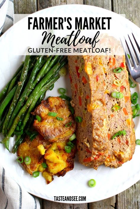 This Farmer's Market Meatloaf is loaded with so many fresh veggies it tastes like it's straight from the Farmer's Market!  With a combination of ground turkey and ground beef, lots of fresh vegetables, and warm spices, this gluten free meatloaf is packed with amazing flavor! Gluten Free Meatloaf Recipe, Veggie Meatloaf, Gluten Free Meatloaf, Chicken Meatloaf, Gluten Free Bread Crumbs, Vegetable Meatloaf, Turkey Meatloaf, Weeknight Dinner Recipes Easy, Taste And See