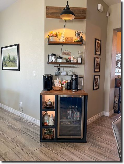 Coffee Mini Bar Ideas, Wine Cooler Corner, Bar Bedroom Ideas, Bar Ideas For Bedroom, Wine And Coffee Bar Ideas Small Spaces, Small Bar Area In Living Room, Coffee And Liquor Bar Ideas, Salon Snack Bar Ideas, Salon Coffee Bar