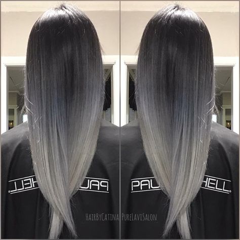 Black and silver hair #black #silver #white #beauty #hair Black Hair With Silver Balayage, Black And Grey Ombre Hair, Silver Bayalage Hair, Dark Hair Color Highlights, Darker Blonde, Hair Color Grey Silver, Black And White Ombre, Black To Silver Ombre, Silver Ombre Hair