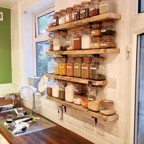 Kilner jar storage shelves from old scaffold boards and cast iron brackets upcycled for a great look in our kitchen remodel spice racks White Kitchen Wall, Wall Mounted Kitchen Shelves, Kitchen Wall Rack, Kitchen Wall Organizer, Small Apartment Storage, Grey Wall Tiles, Extra Kitchen Storage, Kitchen Shelves Organization, Kitchen Wall Storage