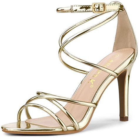 Amazon.com | Allegra K Women's Open Toe Strappy Straps Stiletto Heel Sandals | Heeled Sandals Gold Strappy Heels, Comfy Heels, Heels Gold, Strappy Stilettos, Sandals Gold, Womens Stilettos, Faux Leather Heels, Silver Sandals, Open Toe Shoes