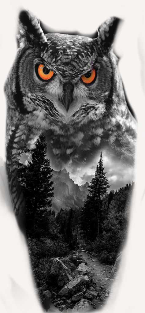 Realism Owl Tattoo Design, Owl Forest Tattoo Design, Owl Lion Tattoo, Owl Nature Tattoo, Lion And Owl Tattoo, Owl Forest Tattoo, Forrest Tattoo Designs, Owl And Wolf Tattoo, Owl Arm Tattoo