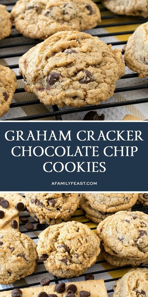 These delicious Graham Cracker Chocolate Chip Cookies just might become your go-to chocolate chip cookie recipe from now on. Cracker Chocolate, Basic Chocolate Chip Cookies, Graham Cracker Recipes, Graham Cracker Cookies, Chocolate Graham Crackers, Chocolate Chip Cookie Recipe, Cracker Recipes, Family Feast, Crinkle Cookies