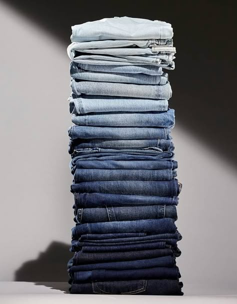 Denim Product Photography, Denim Aesthetic Photography, Jeans Storage Ideas, Jeans Organization, Laydown Styling, Denim Moodboard, Jeans Storage, Denim Photography, Jean Aesthetic