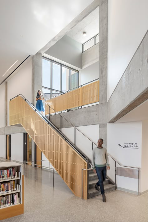 Roxbury Branch of the Boston Public Library Renovation – Utile Architecture & Planning Stairs Public Building, Public Stairs Architecture, Public Stairs, Library Staircase, Vertical Circulation, Feature Staircase, Library Renovation, Open Stairs, Corporate Interior Design