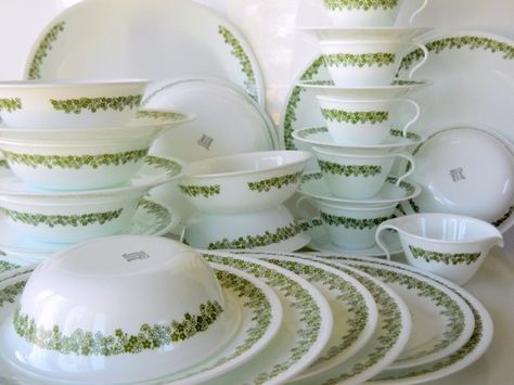 SALE    Vintage Corelle Spring Blossom Green by BlueHouseVintage Corelle Dinnerware Set Vintage, Vintage Corelle Patterns, Corningware Vintage Patterns, Crazy Daisy Pyrex, Corningware Vintage, Corelle Patterns, Corelle Dishes, Pyrex Dishes, Corelle Dinnerware