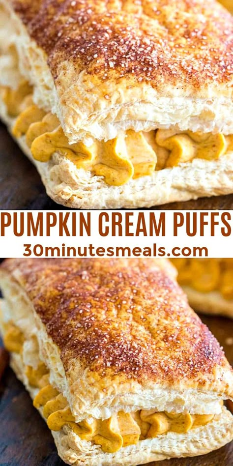 Pumpkin Cream Puffs are an easy dessert that would be perfect to serve for Thanksgiving. This is an easy cream puffs recipe, made with a simple shortcut for the pastry shells. #pumpkin #thanksgiving #thanksgivingrecipes #easydessert #easyrecipe #30minutesmeals Easy Cream Puffs, Cream Puffs Recipe Easy, Dessert List, Cream Puffs Recipe, Cream Puffs Easy, Thanksgiving Foods, Thanksgiving Entertaining, Cream Puff Recipe, Fall Parties