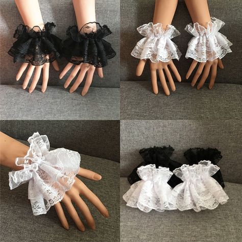 Steampunk Lolita Hand Sleeve Wrist Cuffs Ruffled Floral Black Lace Elastic Bracelet Elegant Ladies Short Lace Gloves Halloween - Gloves & Mittens - AliExpress Lace Cuffs Diy, How To Make Lace Gloves, Lace Gloves Outfit, Grunge Gloves, Ruffle Gloves, Lace Wrist Cuffs, Cuffs Diy, Diy Ruffle, Clothes Embroidery Diy