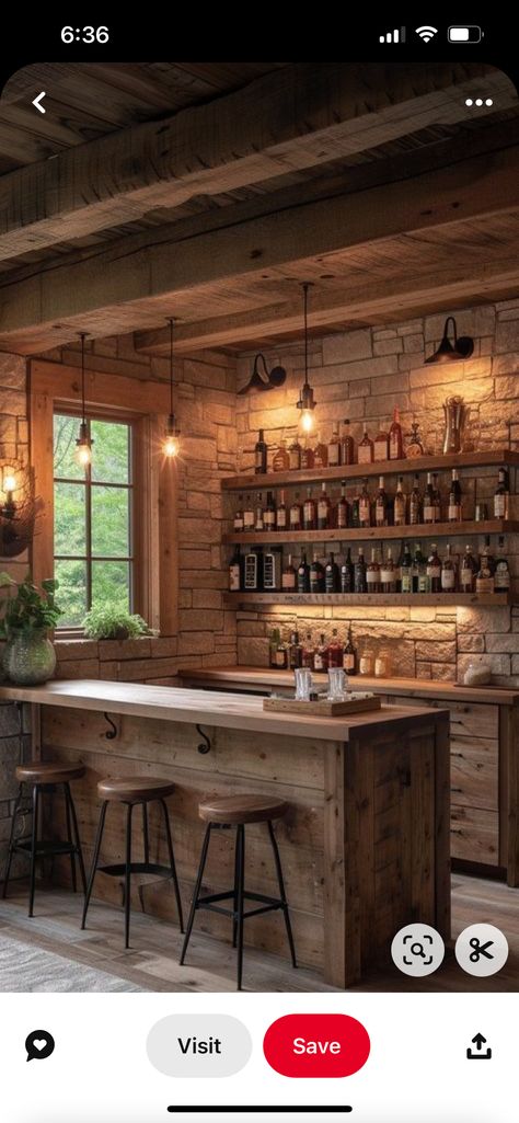 Rustic Bar Ideas, Barn Bar Ideas, Whiskey Bars, Maine Cabin, Barn Bar, Rustic Basement Bar, Beer Cellar, Cabin Bar, Bourbon Room