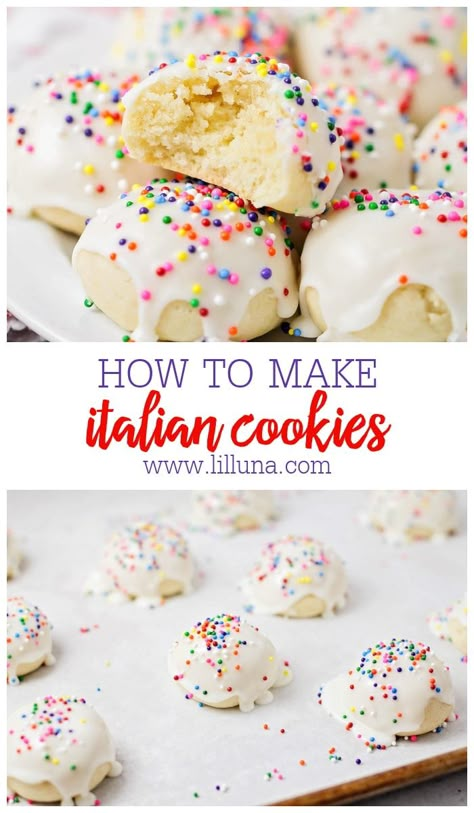 Soft Italian Cookies are dipped in a creamy glaze, topped with colorful sprinkles. They are perfect for holidays and special occasions!!. #italiancookies #italian #cookies #glazedcookies #holidaycookies Almond Flavored Cookies, Pie Crust With Shortening, Traditional Italian Cookies, Italian Desserts Easy, Flavored Cookies, Almond Glaze, Italian Wedding Cookies, Anise Cookies, Italian Cookie Recipes