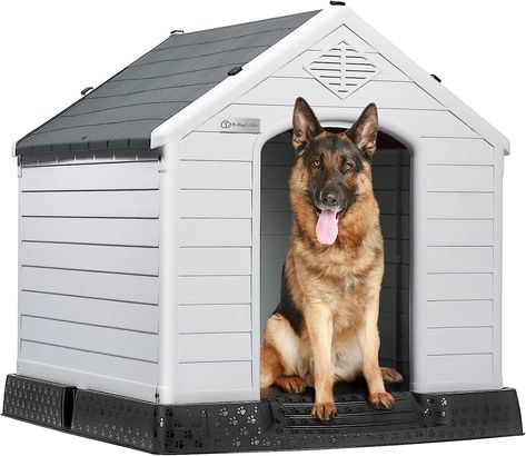 LEMBERI Durable Waterproof Plastic Dog House for Small to Large Sized Dogs, Indoor Outdoor Doghouse Insulated Puppy Shelter with Elevated Floor, Easy to Assemble,Ventilation Design Dog Home Gray Extra Large Dog Kennel, Elevated Floor, Plastic Dog House, Large Dog House, Outdoor Dog House, Cool Dog Houses, Dogs Accessories, Ventilation Design, Dog Playpen