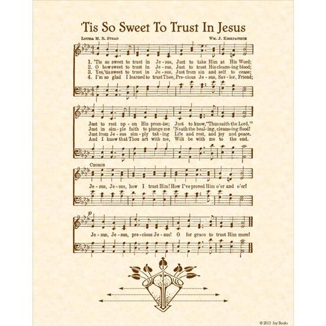 "\"Tis So Sweet To Trust In Jesus\" is an 8\" X 10\" original art print made with a hymn from a vintage hymnal with artwork added, antiqued and printed on natural parchment in sepia tones or in a variety of other colors as offered. To see other listings for this hymn, please click here: https://www.etsy.com/shop/VintageVerses/search?search_query=tis+so+sweet&order=date_desc&view_type=gallery&ref=shop_search The words of this hymn were written by Louisa M. R. Stead, 1882 and the music Tis So Sweet, Gospel Song Lyrics, Sepia Art, Hymn Art, Hymn Sheet Music, Hymn Music, Church Songs, Hymns Lyrics, Bible Songs