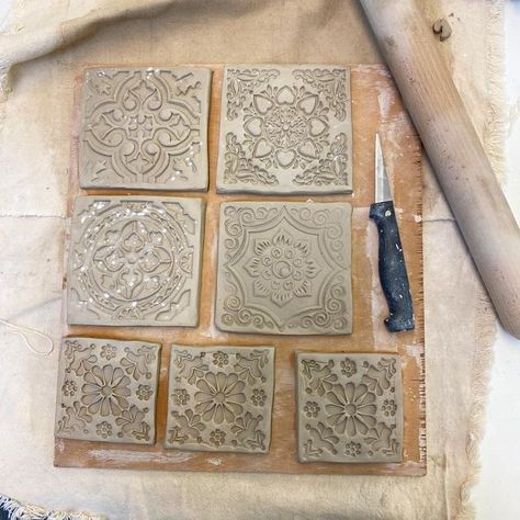 The Indian Block Print Co. (was Arty Crafty) on Instagram: "Block Printing Clay- lots of gorgeous tiles made today, imprinting the clay using our Printing Blocks! We use an Earthenware Clay which will be left to dry and then bisque fired in our kiln! These handmade block printed Tiles will be used to tile our new Studio & Office ! - - - - - - #artinisolation #isolationcreation #crafts #crafting #clay #handmade #handprinted #stamping #creative #potatoprinting #potatoprint #socialdistancing #isola Clay Printing, Printed Tiles, Textured Pottery, Tile Painting, Potato Print, Printing Blocks, Printed Tile, Studio Office, Gorgeous Tile