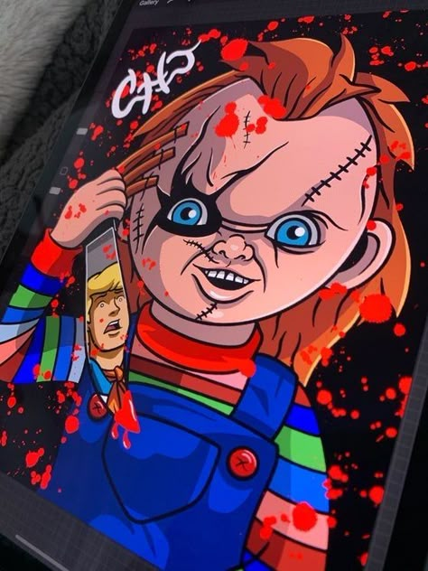 Chucky Painting Easy, Chucky Painting Canvas, Horror Paintings Canvas, Chucky Painting, Dope Paintings, Chucky Drawing, Cartoon Canvas Art, Horror Painting, Halloween Canvas Paintings