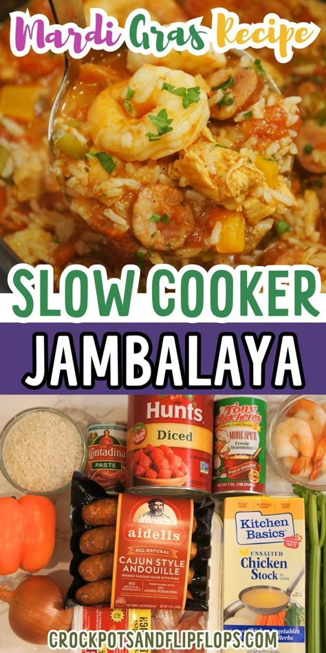 Gluten-free Jambalaya is a classic, one-pot dish filled with chicken, sausage, shrimp, and rice! You can make this delicious slow cooker Jambalaya recipe in your crockpot. Bring a little taste of New Orleans to your dinner table! It's so delicious. Gluten Free Jambalaya, Jambalaya Recipe Slow Cooker, Slow Cooker Jambalaya Recipe, Jambalaya Recipe Crockpot, Gumbo Recipe Crockpot, Gumbo Crockpot, Jambalaya Recipe Easy, Slow Cooker Jambalaya, Sausage Shrimp