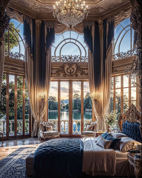 Royality ⚜️ French Mansion 🏯 The Great Gatsby Mansion, French Mansion Interior, French Mansion, Mansion Bedroom, Bedroom With Balcony, Castle Bedroom, Bedroom Balcony, Mansion Interior, The Great Gatsby