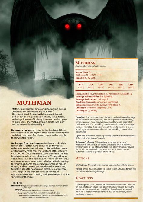 Mothman Dnd, Homebrew Monsters 5e, Dnd Stat Blocks, Stat Block, Dnd Enemies, Homebrew Monsters, Dnd Stats, Dnd Dm, Dnd Backgrounds