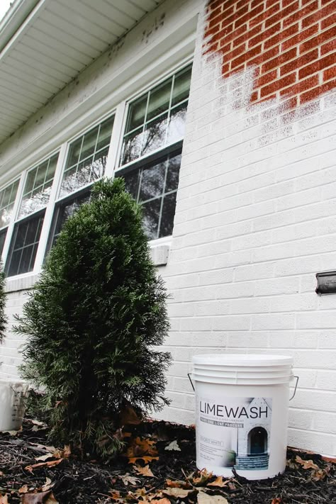 Limewashed Brick Exterior Makeover | Home On Oak Limewashed Brick Exterior, Limewashed Brick, Brick Exterior Makeover, Lime Wash Brick, Painted Brick Exteriors, Painted Brick House, Ranch House Exterior, Lime Wash, House Makeovers