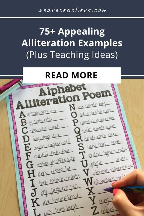 Alliteration is the repetition of the same sound at the beginning of words. Find helpful alliteration examples here, plus ways to teach it. Alliteration Examples, Alliteration Poems, Alliteration Activities, Storytime Ideas, Child Education, Writing Anchor Charts, Reading Anchor Charts, We Are Teachers, Classroom Management Tips