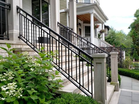 Wrought Iron Railings • Exterior Porch Railings — Iron Works•Fences•Iron Railings•Repairs Wrought Iron Front Porch Railing, Wrought Iron Railing Exterior Porch, Iron Railings Outdoor Balconies, Wrought Iron Railing Exterior, Wrought Iron Porch Railings, Front Portico, Iron Railings Outdoor, Craftsman Style Porch, Exterior Stair Railing