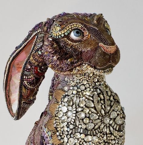 Mosaic Rabbit, Beaded Sculpture, Betsy Youngquist, Bead Sculpture, Collage Art Projects, Textile Sculpture, Paper Mache Sculpture, Beautiful Beadwork, Rabbit Art