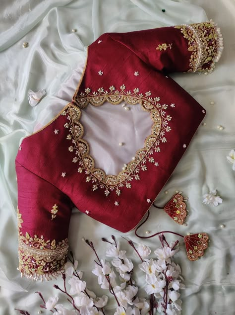 Blouse Design For Newly Married, Bridal Work Blouse Designs South Indian, Blouse Designs For Wedding Saree, Red Blouses Design, Bridal Designer Blouse, Blouse Back Designs For Lehenga, Boat Neck Work Blouse Designs, Gold Maggam Work Blouse Designs, Simple Work Designs