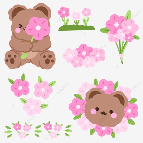 Flowers Korean, Bear Korean, Bear Emoji, Korean Bear, Journal Decoration, Bear Pink, Korean Stickers, Pink Teddy Bear, Kawaii Illustration