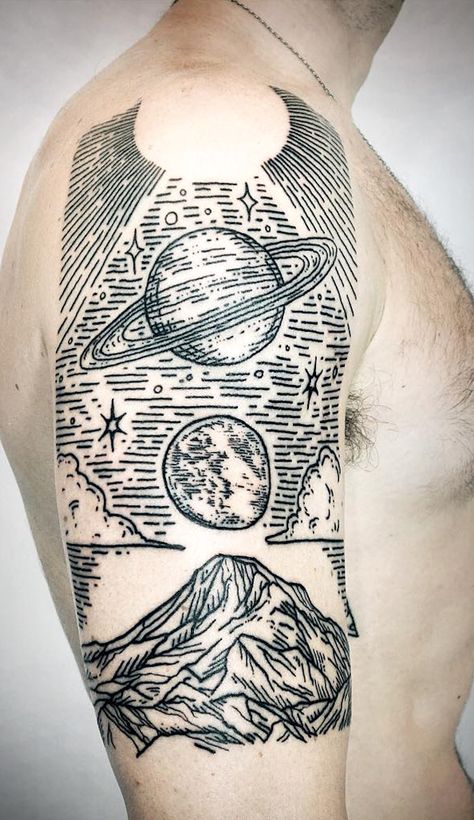 Landscape Tattoos, Space Tattoo Sleeve, Tattoo Sleeve Ideas, Etching Tattoo, Woodcut Tattoo, Cool Half Sleeve Tattoos, Engraving Tattoo, Epic Tattoo, Landscape Tattoo