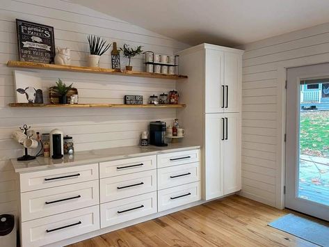 Kitchen Units In Dining Room, Kitchen Wall Pantry With Coffee Bar, Buffet Wall Ideas, Adding Kitchen Cabinets To Empty Wall, Kitchen Built In Shelves, Kitchen Without Pantry, Modern Lazy Susan, Coffee Bar Decorations, Aesthetic Coffee Bar