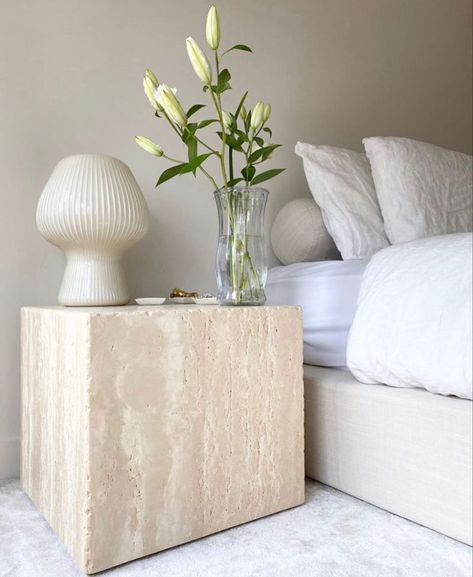 so simple and chic - obsessed! the faux marble nude / neutral / beige square nightstand is such a statement piece but so modern and clean. Love this look for neutral boho home decor. Interior Boho, Dekorasi Kamar Tidur, Clean Bedroom, Upholstered Bed Frame, Apartment Inspiration, Home Design Decor, Beach Travel, Room Inspiration Bedroom, Interior Inspo