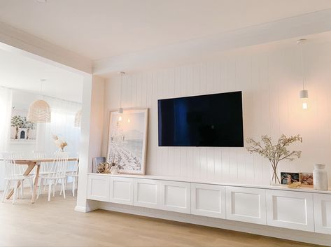 Media Living Room, Costal Living Room Tv Wall, Pool House Tv Wall, Hampton Tv Cabinet, Beach House Tv Room, Vj Panneling Lounge Room, Vj Panelling Living Room Tv, Hampton Style Lounge Room, Vj Panelling Tv Wall