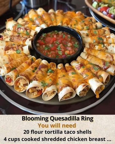 Celebrating Home With Betty Byrum | BLOOMING QUESADILLA RING  | Facebook Cheesy Blooming Burrito Ring, Blooming Burrito Ring, Blooming Burrito, Blooming Quesadilla Ring, Blooming Quesadilla, Quesadilla Ring, Rachel Ray, Pan Sizes, Snack Foods