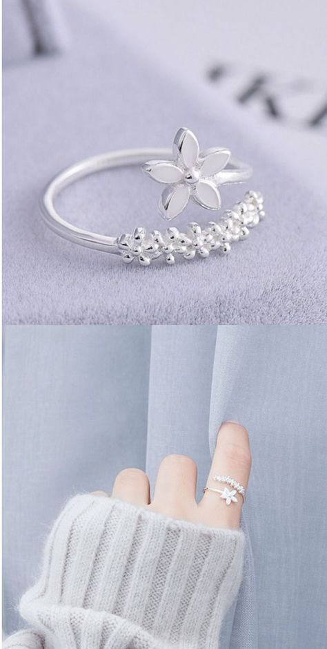 Fashion Jewelry Gift For Girl Dainty Sterling Silver Open Ring Women's Flower Rings Cute Simple Rings Silver, Real Silver Rings For Women, Girls Ring, Silver Ring For Girl, Sliver Ring For Girl, Girl Ring Design, Rings For Girls Simple, Ring Design For Girls, Silver Ring Designs For Women