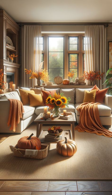 A cozy living room with an autumnal theme. Beige sectional sofa with blankets and pillows. Coffee table with fall decor. Wooden console table with decorative items. Sunlight adds to the cozy ambiance. Living Room Fall Ideas, Living Room Ideas Cream, Fall Farmhouse Living Room, Rust Room, Fall Family Room, Interiors 2024, Newest Ideas, Fall Living Room Ideas, Cozy Fall Living Room