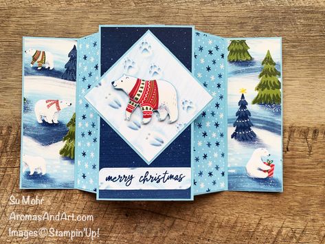 Fun fold card using Beary Christmas Designer Paper. Instructions are on my blog, aromasandart.com. Su Beary Cute Cards, Rachel Tessman Stampin Up Cards, Stampin Up Beary Christmas Memories & More, Stampin Up Fun Fold Cards Ideas, Polar Bear Christmas Cards, Seagull Design, Flying Seagull, Beary Christmas, Christmas Bears