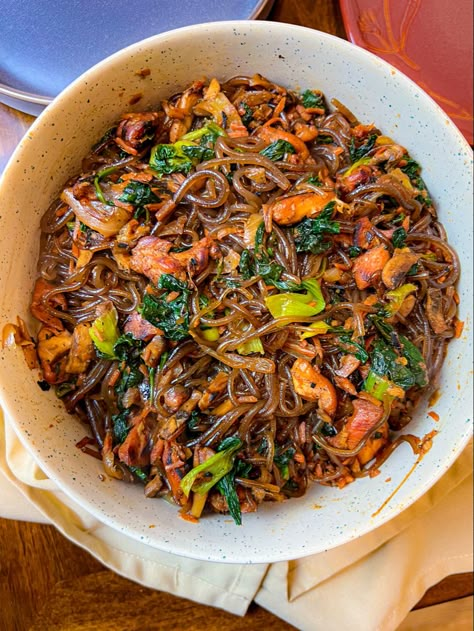 Drool over this Korean Japchae and feel good about eating it because it is Paleo, Whole30, and AIP approved! Sweet Potato Glass Noodle Recipes Aip, Aip Korean Recipes, Sweet Potato Glass Noodles Recipe, Korean Japchae, Aip Dinners, Aip Dinner, Whole30 Beef, Glass Noodles Recipe, Aip Meals