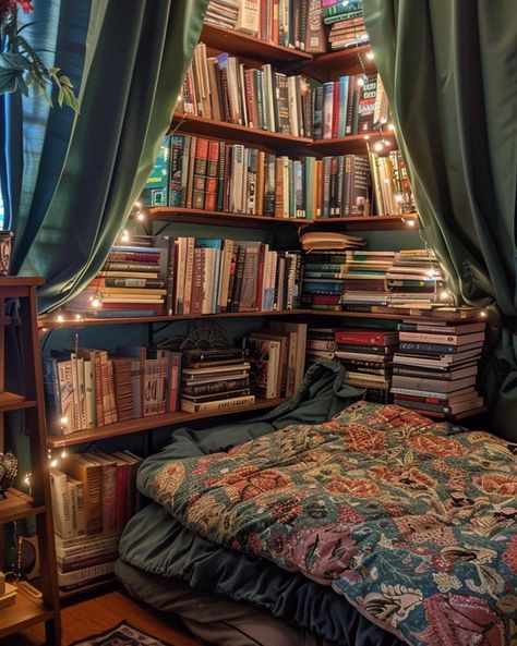 Adults should have more book forts! #books #fort #reading #cozy #bookaddict Adult Blanket Fort Bedroom, Bed In Bookshelf, Bookshelf By Bed, Cosy Book Nook, Girly Library Room, Book Lover Bedroom Aesthetic, Book Nook In Bedroom, Book Shelf Bed, Library In Bedroom