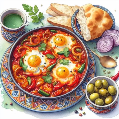 Shakshuka Foods Painting, Ali Mola, Meal Prep Planner, Food Artwork, Slow Cooked Meals, Cute Food Art, Food Painting, Indian Food Recipes Vegetarian, Food Illustration