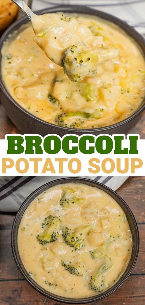 Broccoli Potato Soup is a hearty soup recipe loaded with diced hash brown potatoes, broccoli florets, cheddar cheese and instant mashed potatoes. Recipes Using Frozen Diced Potatoes, Potatoe Soup Recipe Best, Broccoli Soup Crockpot, Filling Soups, Cheddar Broccoli Potato Soup, Broccoli Potato Cheese Soup, Mashed Potato Soup, Potato Cheddar Soup, Soup Sandwich