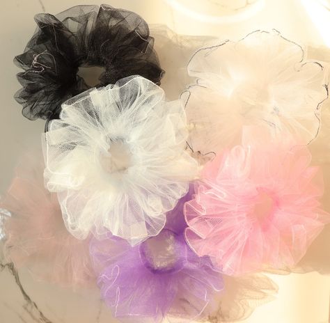 Tulle scrunchies, sheer, pastel, black and white Tulle Scrunchies, Stitch Colors, Handmade Scrunchie, Satin Scrunchies, Hair Painting, Diy Hair Accessories, Contrast Stitch, Mix N Match, Fashion Sewing